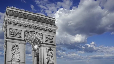 Arc de Triomphe (against the moving clouds, 4K), time lapse, Paris, France. Stock Footage 239670403