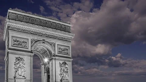 Arc de Triomphe (against the moving clouds, 4K), time lapse, Paris, France. Stock Footage 239670406