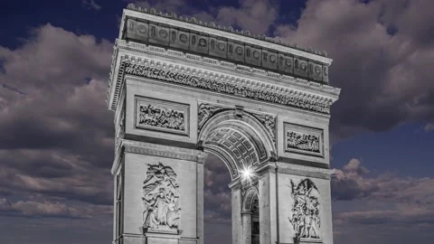 Arc de Triomphe (against the moving clouds, 4K), time lapse, Paris, France. Stock Footage 239670419