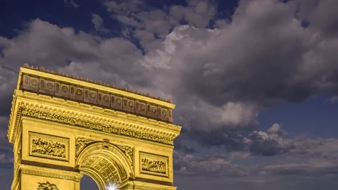 Arc de Triomphe (against the moving clouds, 4K), time lapse, Paris, France. Stock Footage 239670436