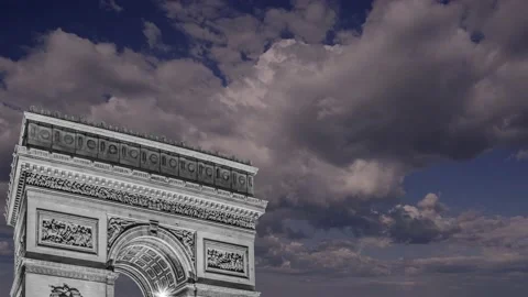Arc de Triomphe (against the moving clouds, 4K), time lapse, Paris, France. Stock Footage 239670463