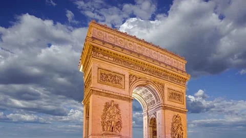 Arc de Triomphe (against the moving clouds, 4K), time lapse, Paris, France. Stock Footage 239670508