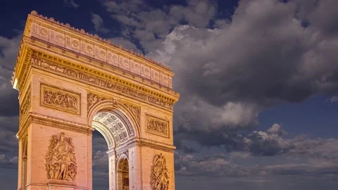 Arc de Triomphe (against the moving clouds, 4K), time lapse, Paris, France. Stock Footage 239670535