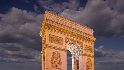 Arc de Triomphe (against the moving clouds, 4K), time lapse, Paris, France. Stock Footage 239670536