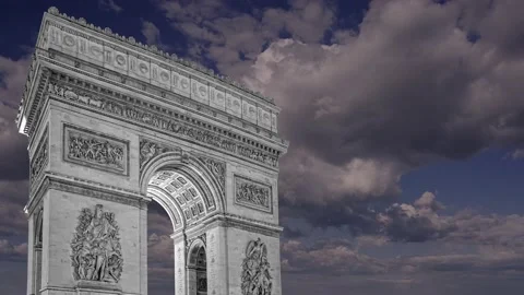 Arc de Triomphe (against the moving clouds, 4K), time lapse, Paris, France. Stock Footage 239670553