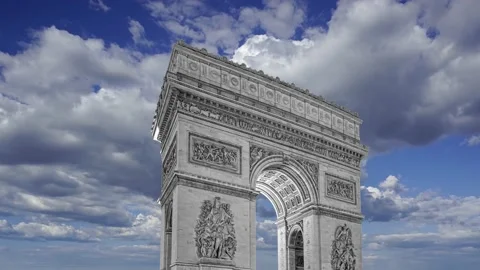 Arc de Triomphe (against the moving clouds, 4K), time lapse, Paris, France. Stock Footage 239670575