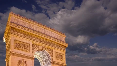 Arc de Triomphe (against the moving clouds, 4K), time lapse, Paris, France. Stock Footage 239670584