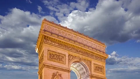 Arc de Triomphe (against the moving clouds, 4K), time lapse, Paris, France. Stock Footage 239670592