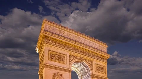 Arc de Triomphe (against the moving clouds, 4K), time lapse, Paris, France. Stock Footage 239670597