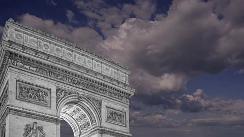 Arc de Triomphe (against the moving clouds, 4K), time lapse, Paris, France. Stock Footage 239670607
