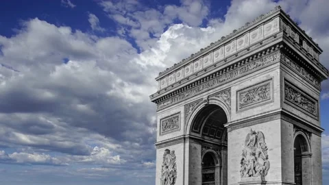 Arc de Triomphe (against the moving clouds, 4K), time lapse, Paris, France. Stock Footage 239670654