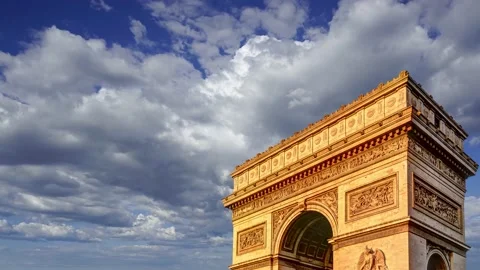 Arc de Triomphe (against the moving clouds, 4K), time lapse, Paris, France. Stock Footage 239670672