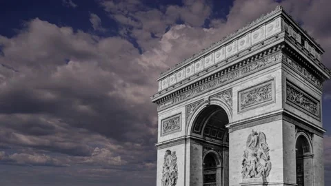 Arc de Triomphe (against the moving clouds, 4K), time lapse, Paris, France. Stock Footage 239670678