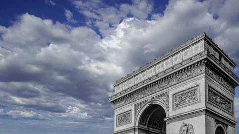 Arc de Triomphe (against the moving clouds, 4K), time lapse, Paris, France. Stock Footage 239670716