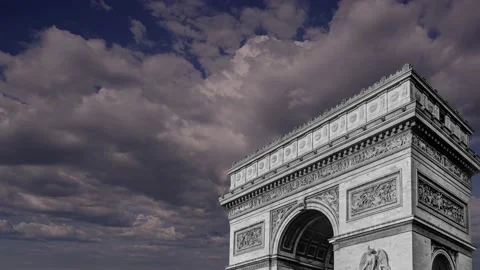 Arc de Triomphe (against the moving clouds, 4K), time lapse, Paris, France. Stock Footage 239670717