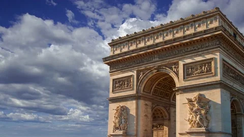 Arc de Triomphe (against the moving clouds, 4K), time lapse, Paris, France. Stock Footage 239670874