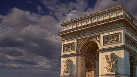 Arc de Triomphe (against the moving clouds, 4K), time lapse, Paris, France. Stock Footage 239670884