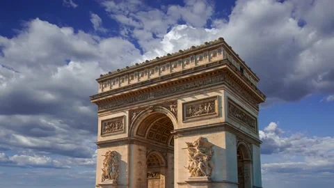 Arc de Triomphe (against the moving clouds, 4K), time lapse, Paris, France. Stock Footage 239670887