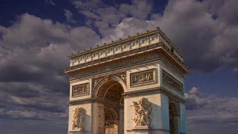 Arc de Triomphe (against the moving clouds, 4K), time lapse, Paris, France. Stock Footage 239670895