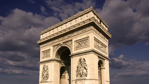 Arc de Triomphe (against the moving clouds, 4K), time lapse, Paris, France. Stock Footage 239670919