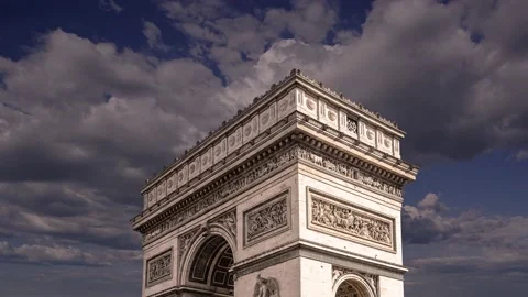 Arc de Triomphe (against the moving clouds, 4K), time lapse, Paris, France. Stock Footage 239670942
