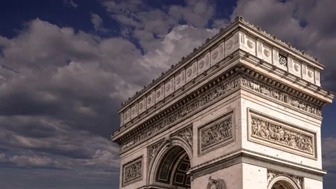 Arc de Triomphe (against the moving clouds, 4K), time lapse, Paris, France. Stock Footage 239670965