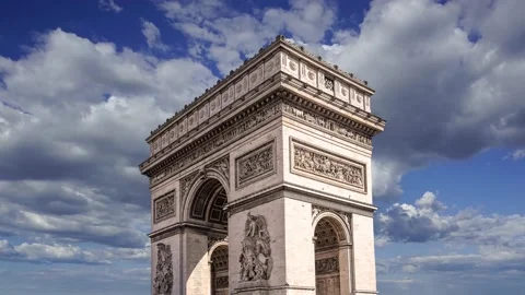 Arc de Triomphe (against the moving clouds, 4K), time lapse, Paris, France. Stock Footage 239671009