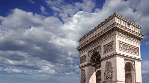 Arc de Triomphe (against the moving clouds, 4K), time lapse, Paris, France. Stock Footage 239671048