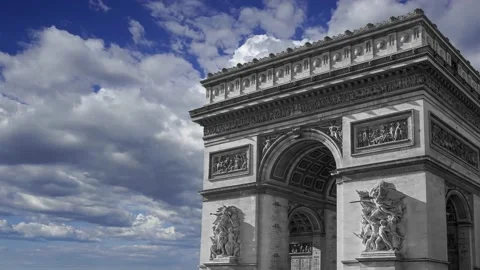 Arc de Triomphe (against the moving clouds, 4K), time lapse, Paris, France. Stock Footage 239671110