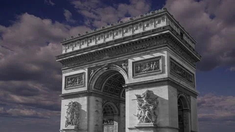 Arc de Triomphe (against the moving clouds, 4K), time lapse, Paris, France. Stock Footage 239671119