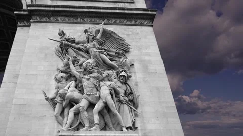 Arc de Triomphe (against the moving clouds, 4K), with zoom, Paris, France Stock Footage 241104069