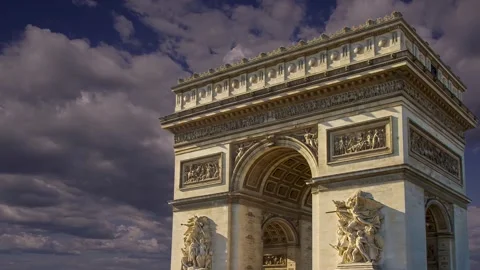 Arc de Triomphe (against the moving clouds, 4K), with zoom, Paris, France Stock Footage 241104114