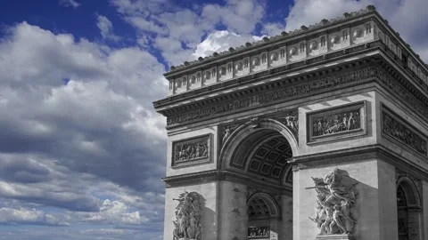 Arc de Triomphe (against the moving clouds, 4K), with zoom, Paris, France Stock Footage 241104131
