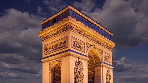 Arc de Triomphe (against the moving clouds, 4K), with zoom, Paris, France Stock Footage 241104160