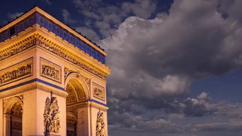 Arc de Triomphe (against the moving clouds, 4K), with zoom, Paris, France Video stock 241104168