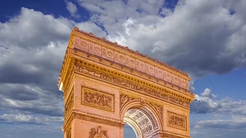 Arc de Triomphe (against the moving clouds, 4K), with zoom, Paris, France Stock Footage 241104386