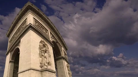 Arc de Triomphe (against the moving clouds, 4K), with zoom, Paris, France Stock Footage 241104516