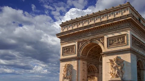Arc de Triomphe (against the moving clouds, 4K), with zoom, Paris, France Stock Footage 241104526