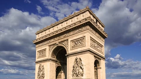 Arc de Triomphe (against the moving clouds, 4K), with zoom, Paris, France Video stock 241104537