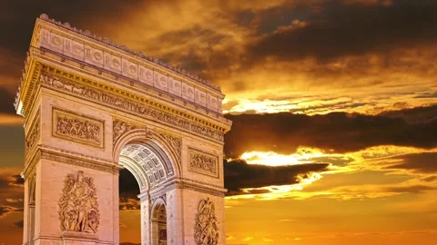 Arc de Triomphe against the sunset (time lapse, 4K), Paris, France Video stock 264943599