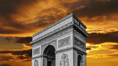 Arc de Triomphe against the sunset (time lapse, with zoom, 4K), Paris, France Video stock 265842477