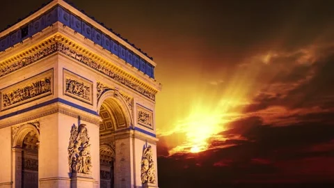 Arc de Triomphe against the sunset (time lapse, with zoom, 4K), Paris, France Stock Footage 265842629