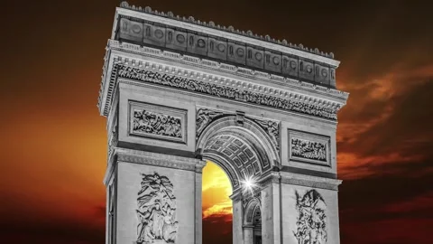 Arc de Triomphe against the sunset (time lapse, with zoom, 4K), Paris, France Stock Footage 265842731