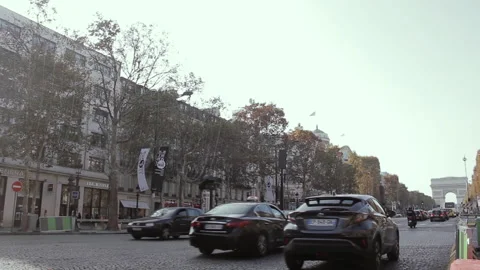 Arc de Triomphe and Champs Elysees with Traffic in Paris Stock Footage 299874457