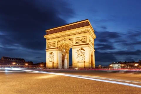 Arc De Triomphe and light trails, Paris Stock-Fotos