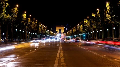 Arc de Triomphe &amp; Champs Elysees time lapse at night 스톡 동영상 119032457