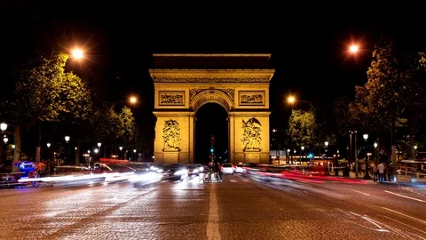 Arc de Triomphe &amp; Champs Elysees time lapse at night Stockbeeldmateriaal 119032782