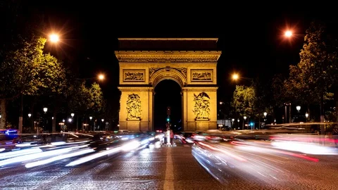 Arc de Triomphe &amp; Champs Elysees time lapse at night Stockbeeldmateriaal 119032793