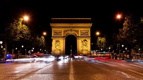 Arc de Triomphe &amp; Champs Elysees time lapse at night Stockbeeldmateriaal 119032809