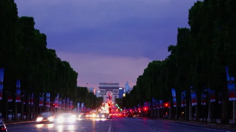 Arc de Triomphe at dusk, Paris, France and Champs Elysees time lapse tilt Stock Footage 150401935